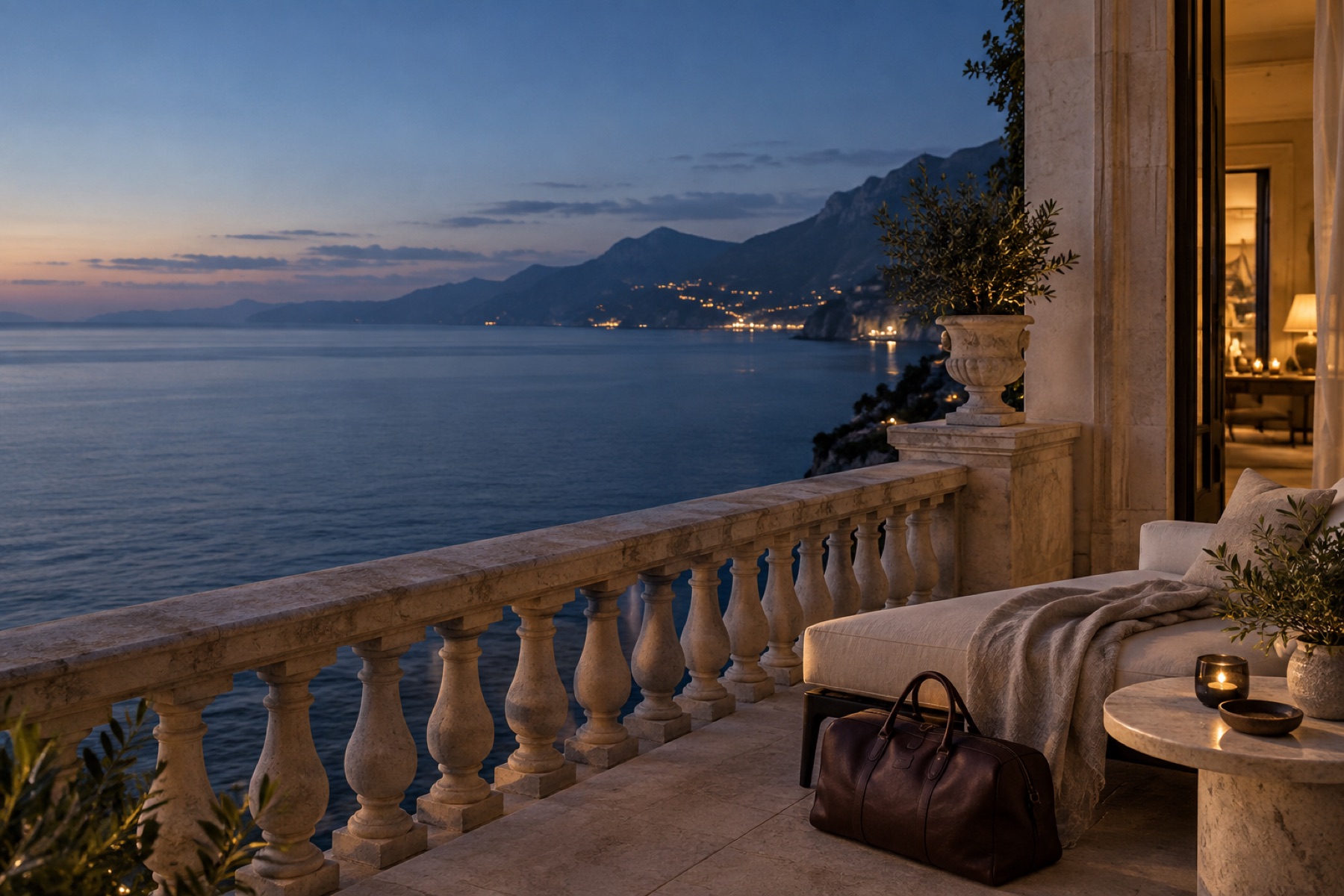A quiet coastal terrace overlooking the sea at blue hour